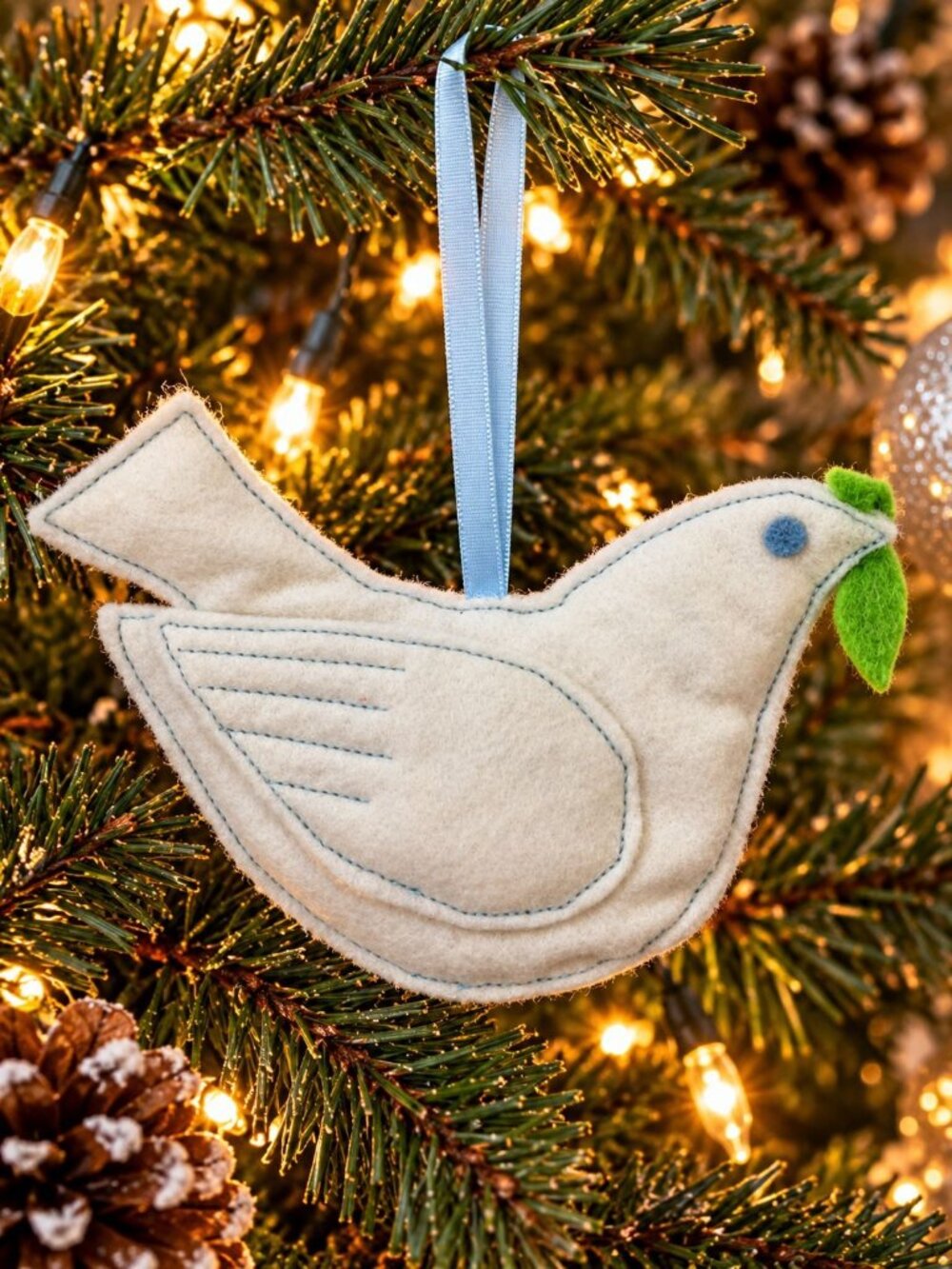 Handmade Felt Dove Bird White Christmas Ornament Blue Ribbon Edging Green Leaf